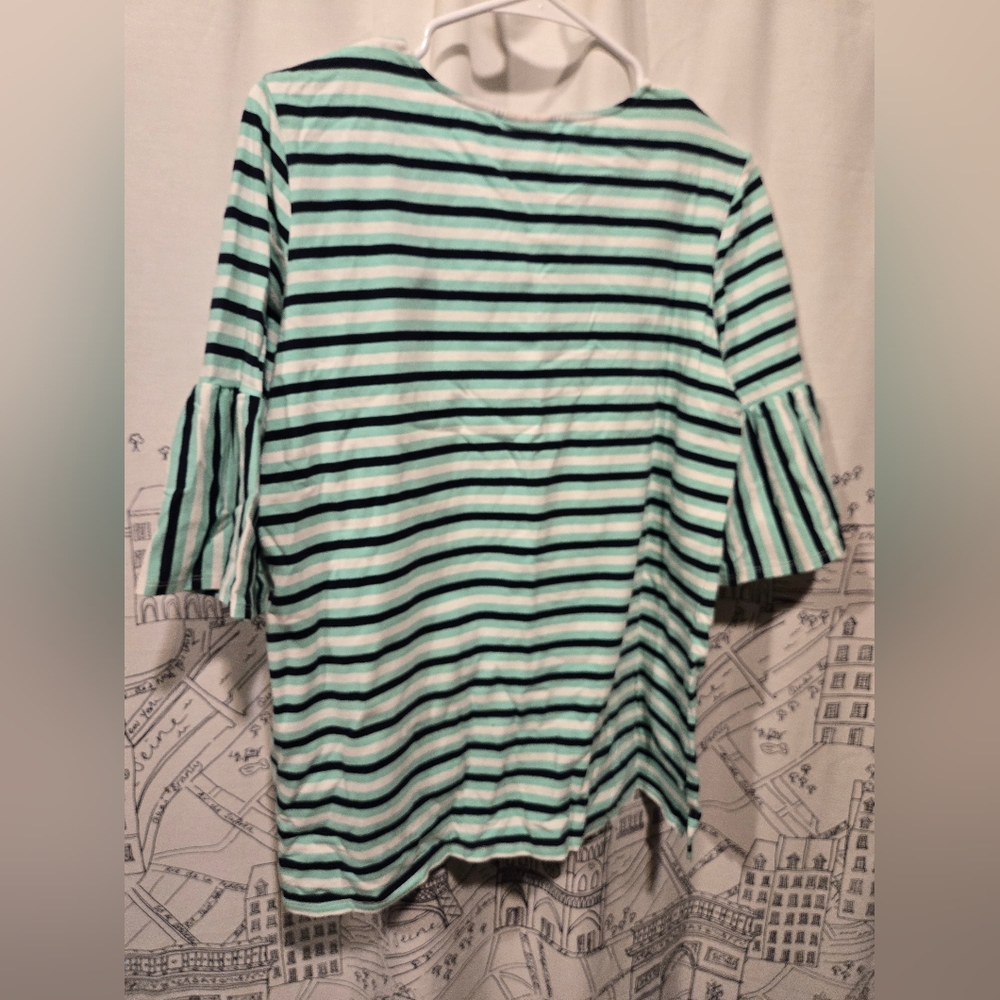 NWOT Women's Ruby Rd Striped Bell Sleeve Top Teal Black White Size Medium - Picture 10 of 10